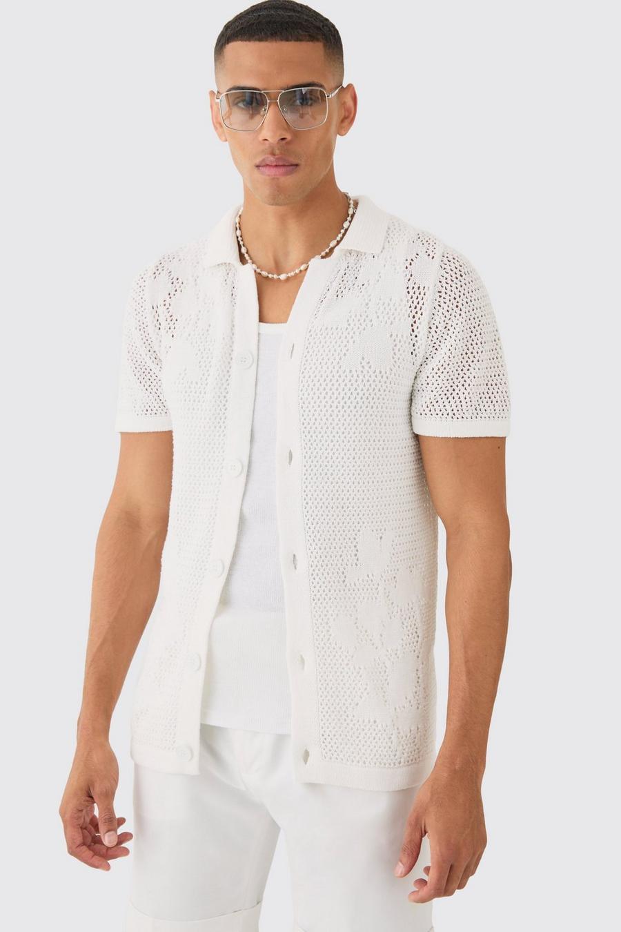 Ecru Open Stitch Tonal Floral Intarsia Short Sleeve Knit Shirt