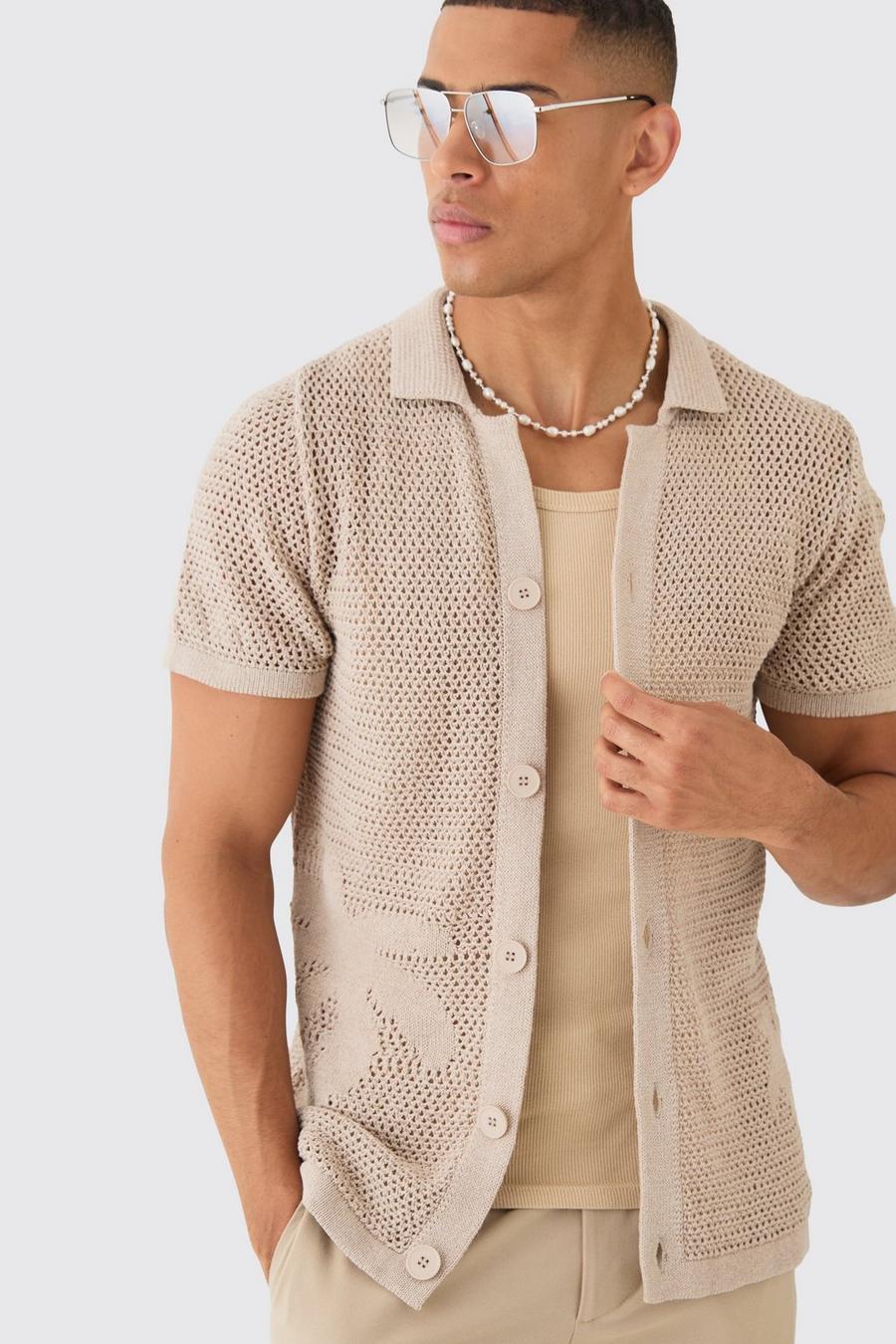 Stone Open Stitch Tonal Palm Intarsia Short Sleeve Knit Shirt
