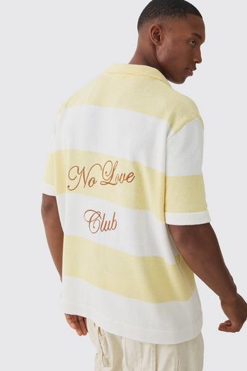 Yellow Oversized Boxy Textured Stiped Polo With Embroidery