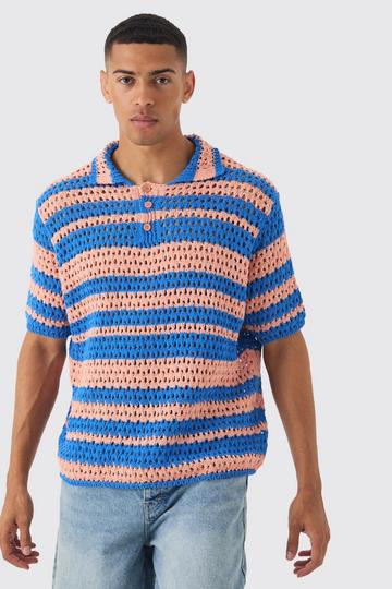 Orange Oversized Boxy Open Stitch Stripe Polo