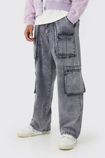 Charcoal Grey Fixed Waist Acid Washed Baggy Cargo Trouser