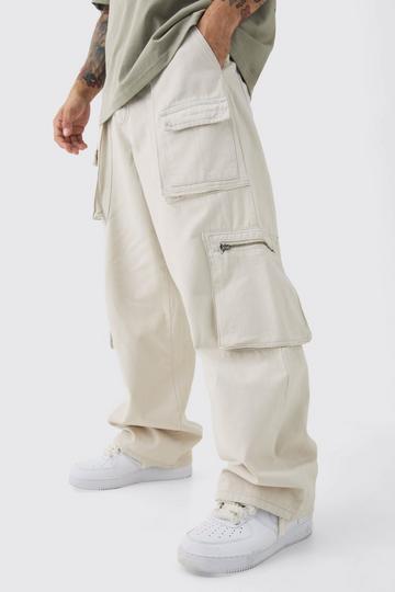 Stone Beige Fixed Waist Washed Baggy Cargo Trouser