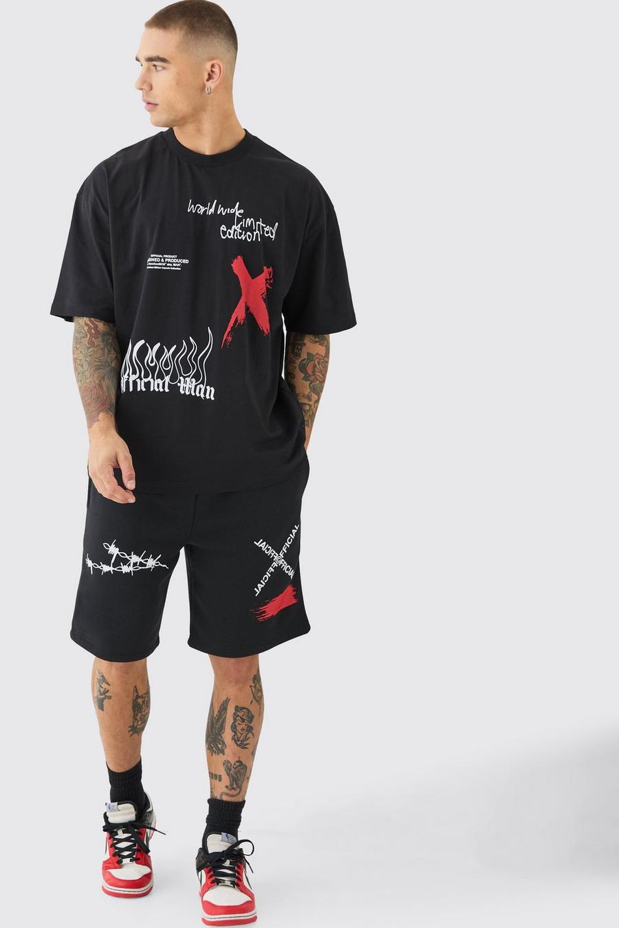 Black Oversized Man Graffiti T-Shirt En Shorts Set image number 1