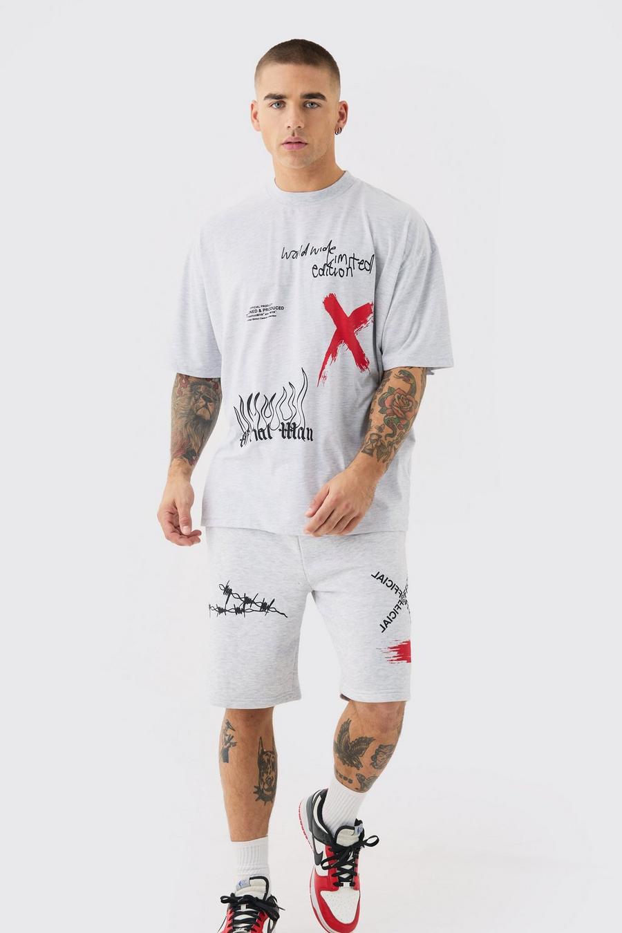 Conjunto MAN oversize de pantalón corto y camiseta con grafiti, Grey