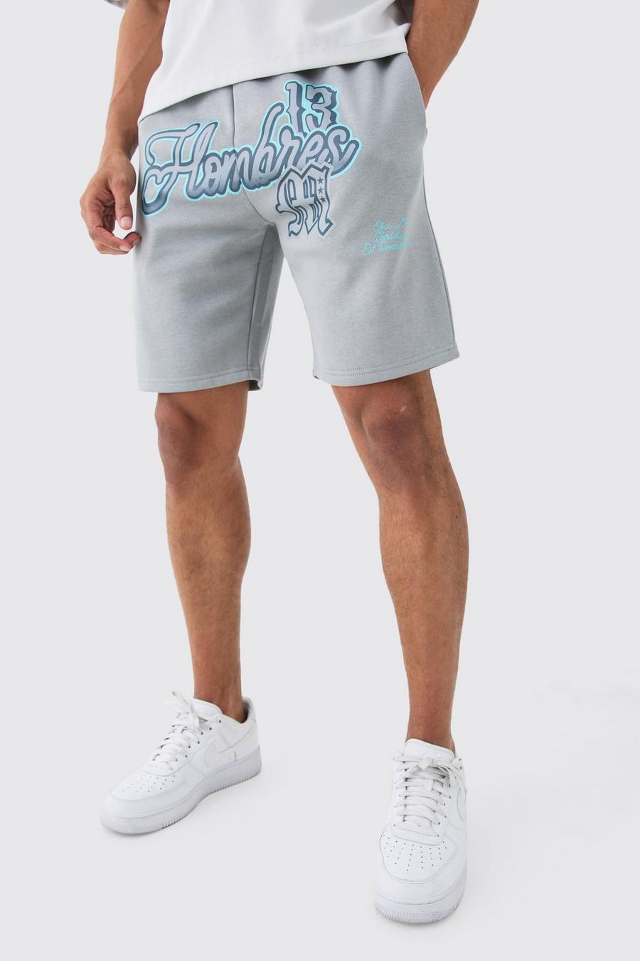 Grey Oversized Boxy Homme Shorts Met Print