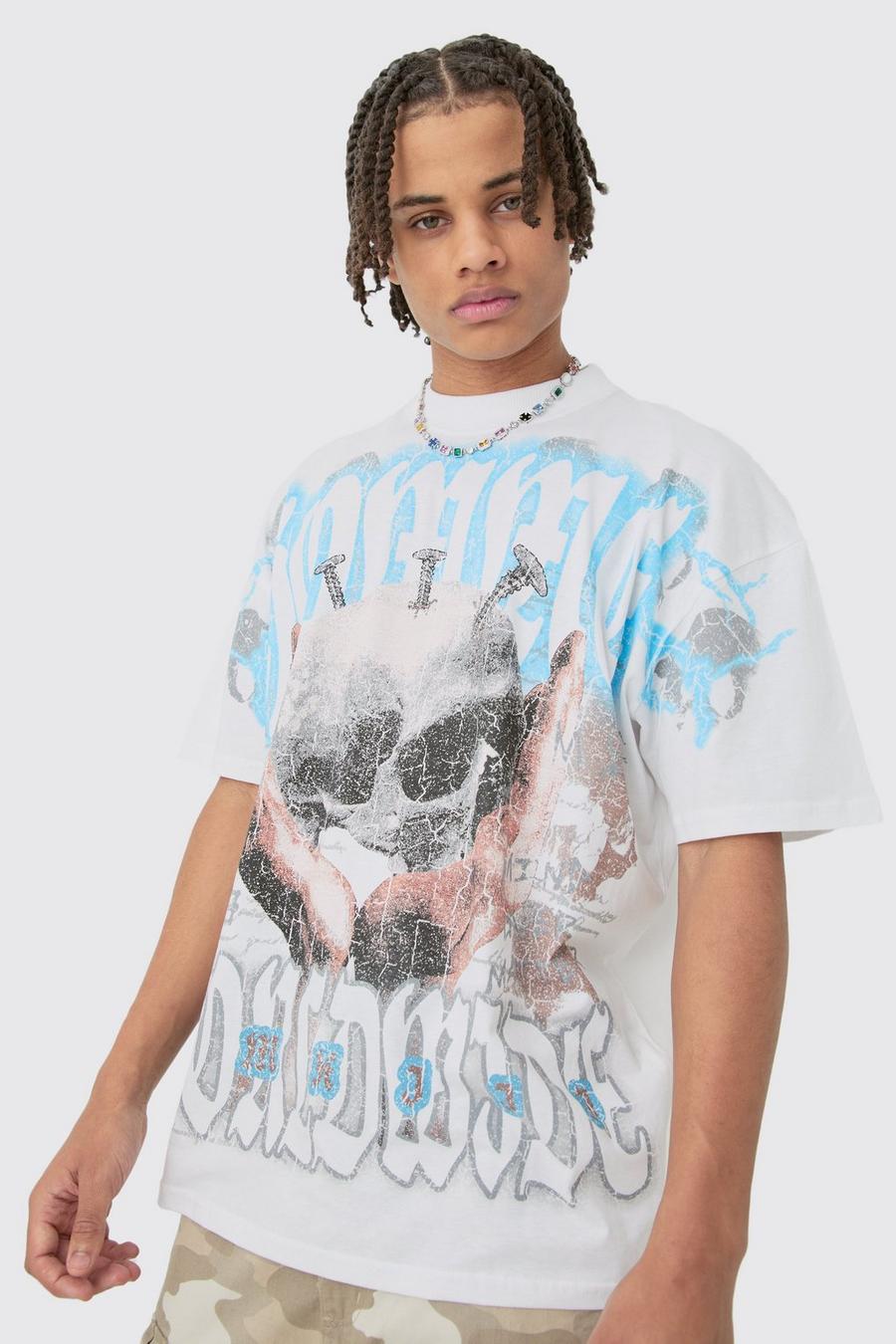 Camiseta oversize con estampado gráfico de calavera sobre costuras, White image number 1