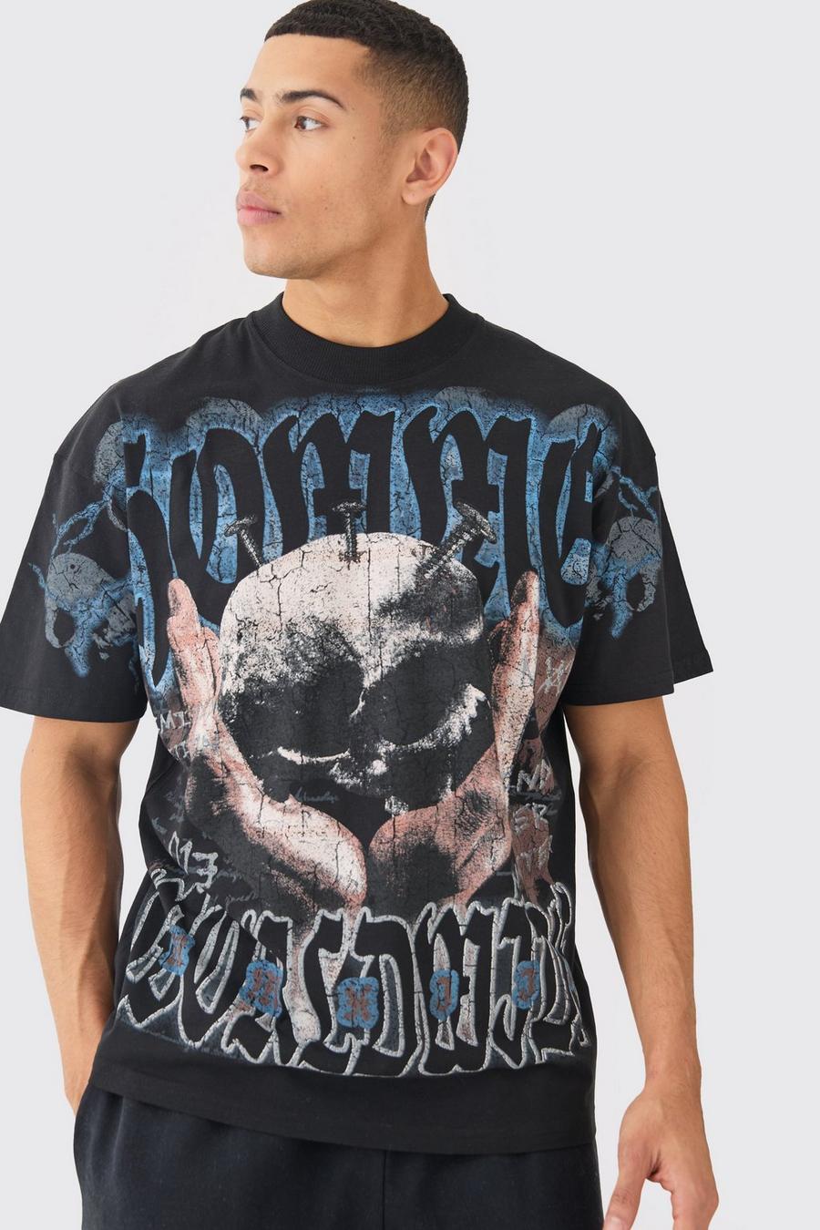 Black Oversized Skull Over Seams Graphic T-shirt