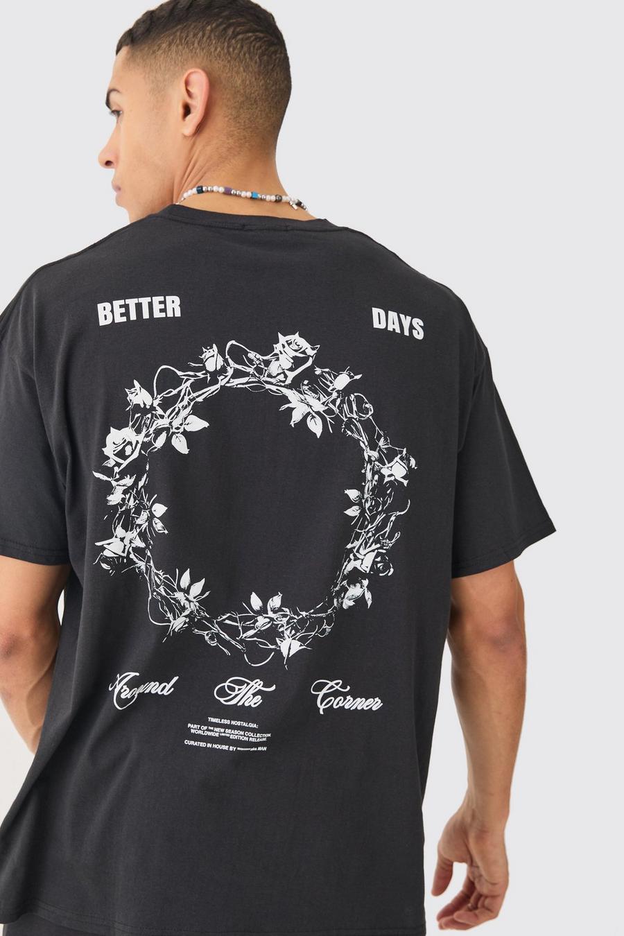 Florales Oversize T-Shirt mit Print, Black