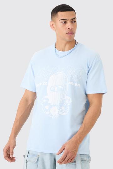 Blue Oversized Washed Homme Mask Graphic T-shirt