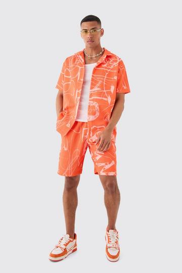 Orange Oversized Doodle Printed Pleated Shirt & Short Set