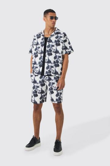 Boxy Abstract Floral Printed Pleated Shirt & Short white