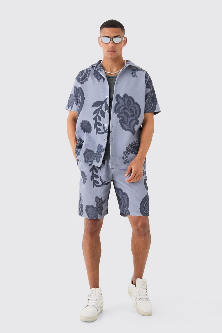 Grey Oversized Geplooid Monochroom Paisley Overhemd En Shorts