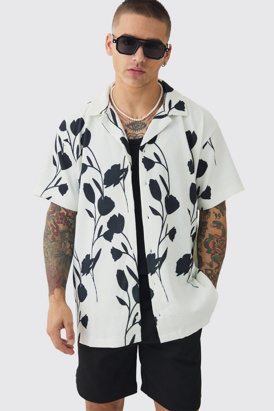 White Oversized Printed Pleated Floral Shirt image number 1