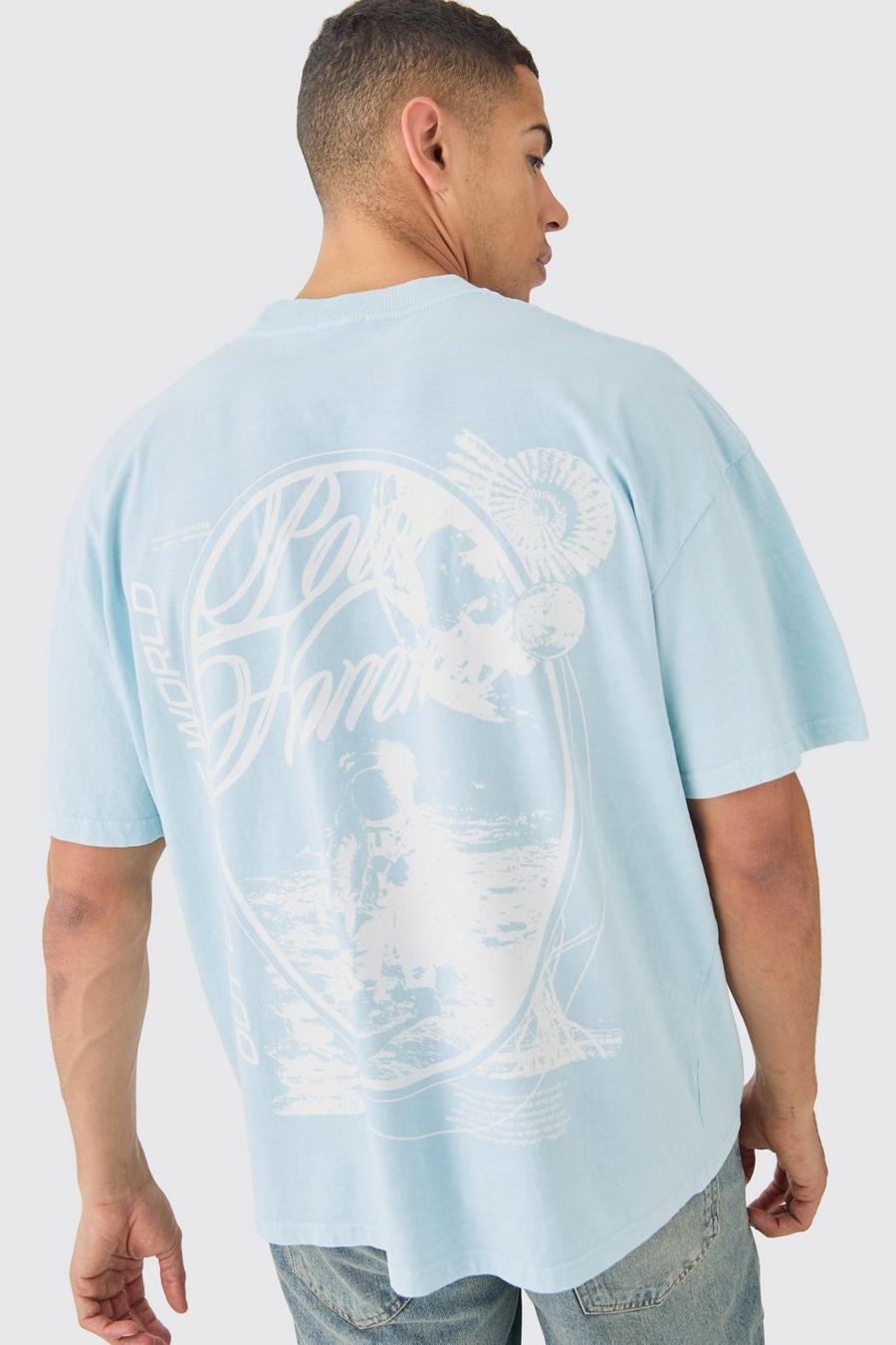 Camiseta oversize desteñida con estampado Pour Homme espacial, Light blue