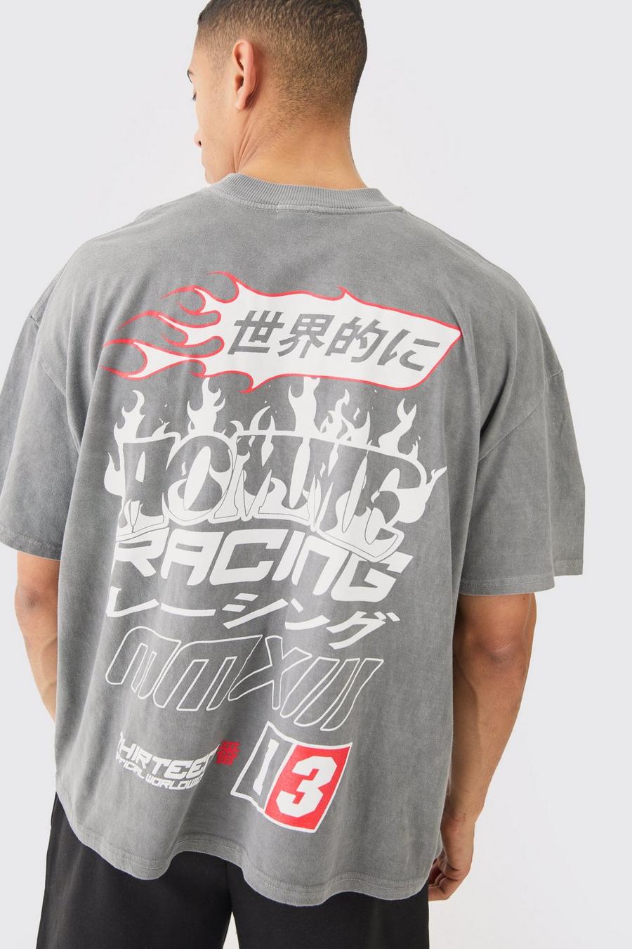 Charcoal Oversized Gebleekt Racing T-Shirt Met Vlammen Print