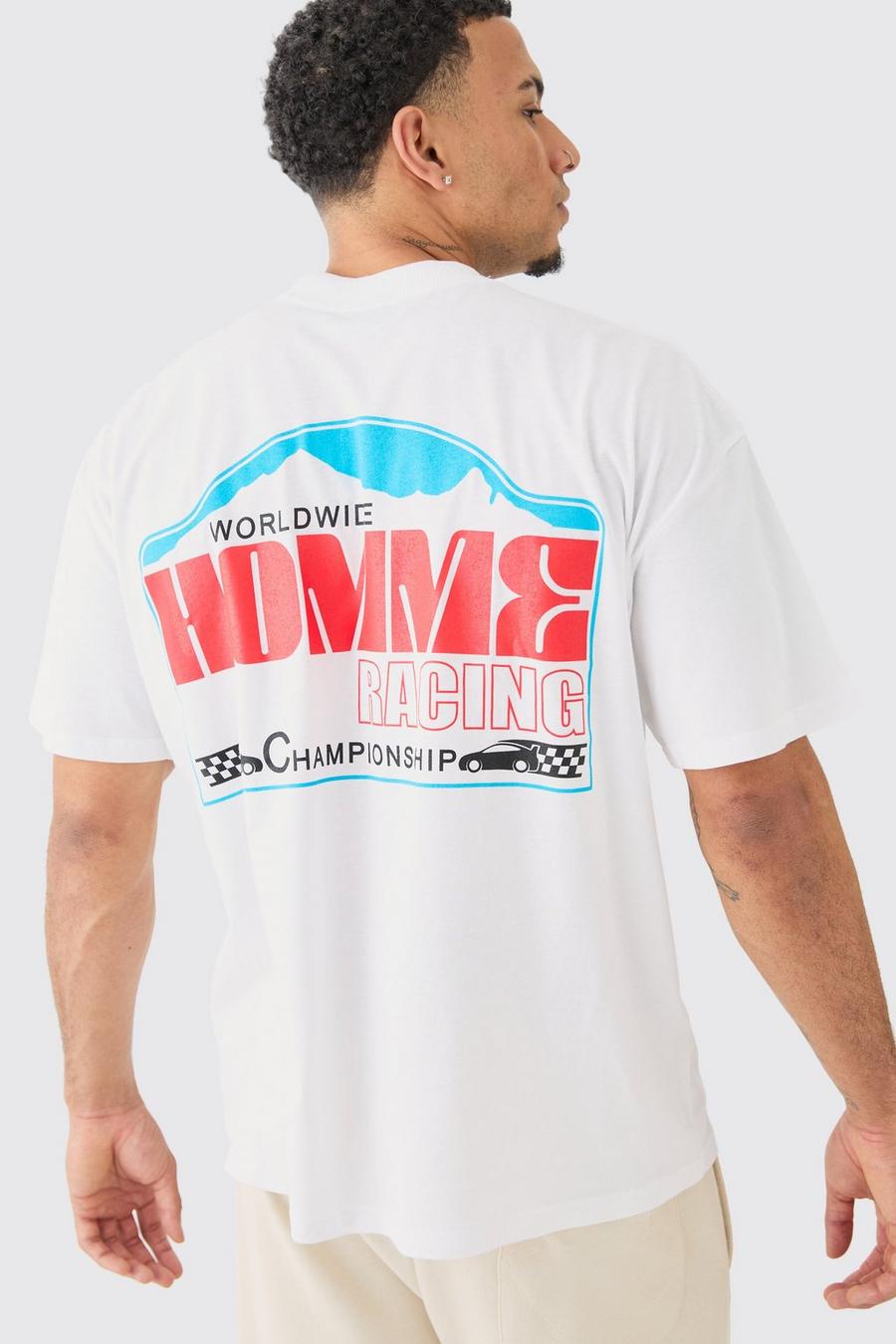White Oversized Homme Race T-Shirt Met Print