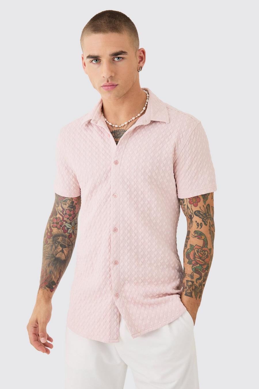 Camicia attillata a maniche corte a losanghe, Pale pink image number 1