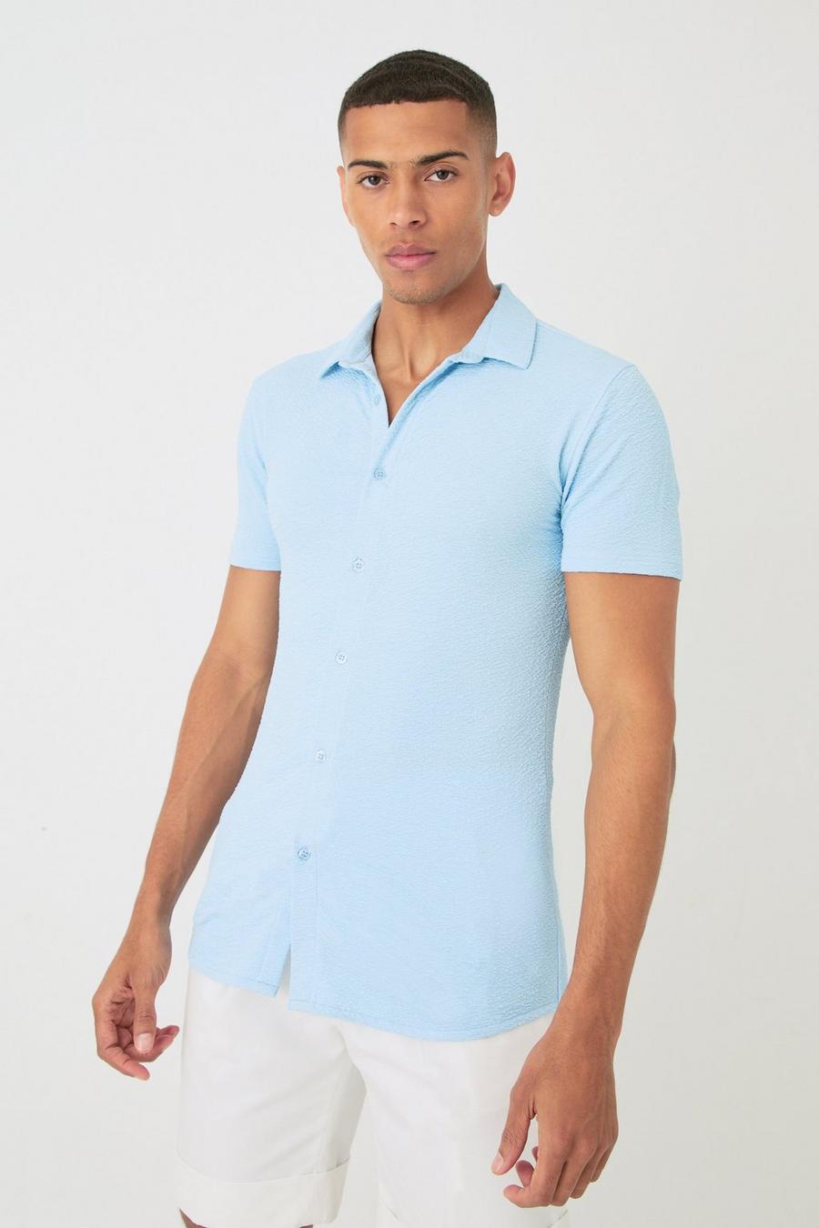Light blue Short Sleeve Crinkle Muscle Fit Shirt 