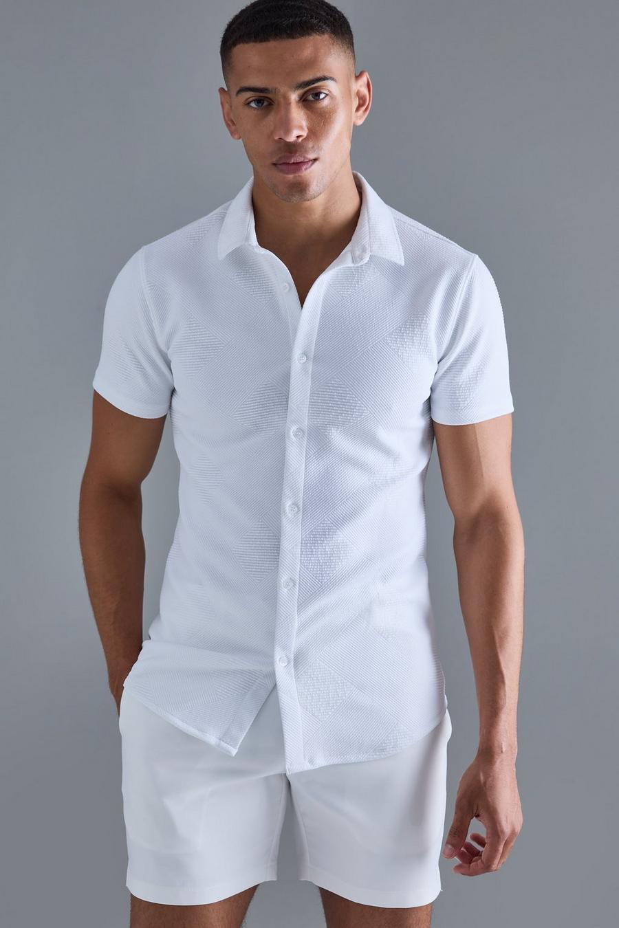 White Short Sleeve Muscle Geo Stripe Shirt  image number 1