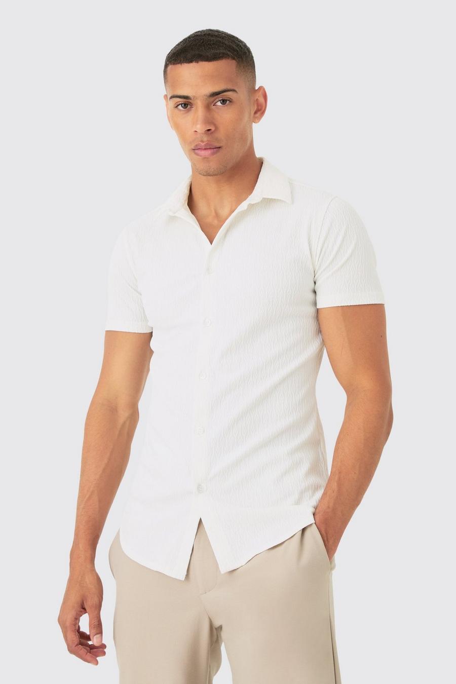 Camicia attillata a maniche corte con trama in rilievo, White image number 1