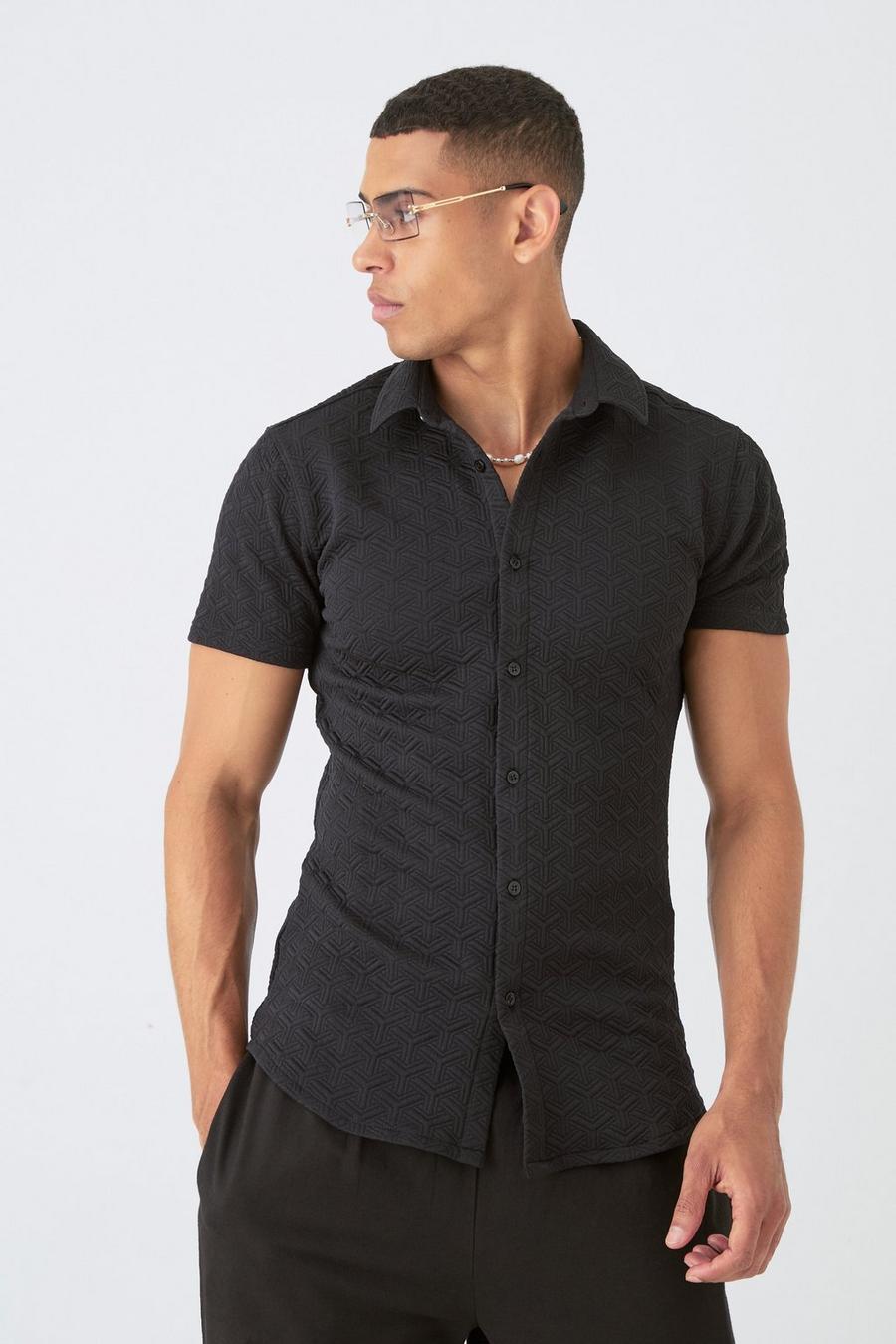 Camicia attillata a maniche corte con motivi geometrici a triangolo, Black
