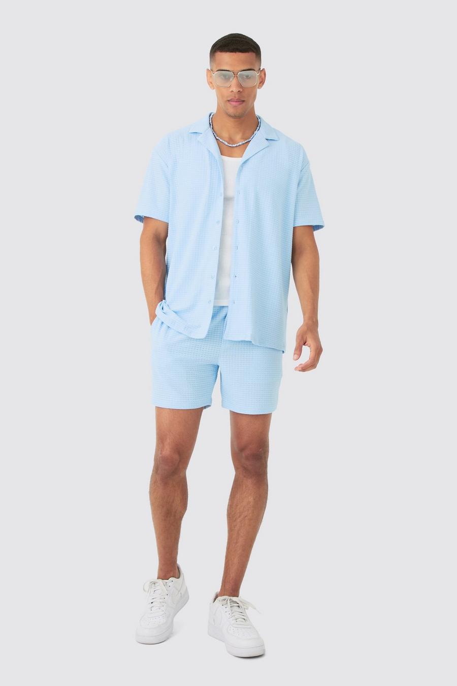 Light blue Short Sleeve Honeycomb Oversized Shirt & Short Set image number 1