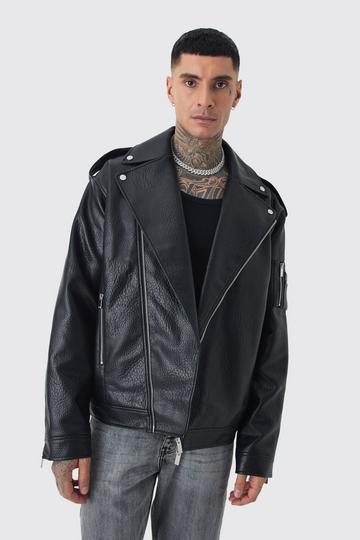 Black Tall Extreme Oversized Textured Pu Moto Jacket In Black