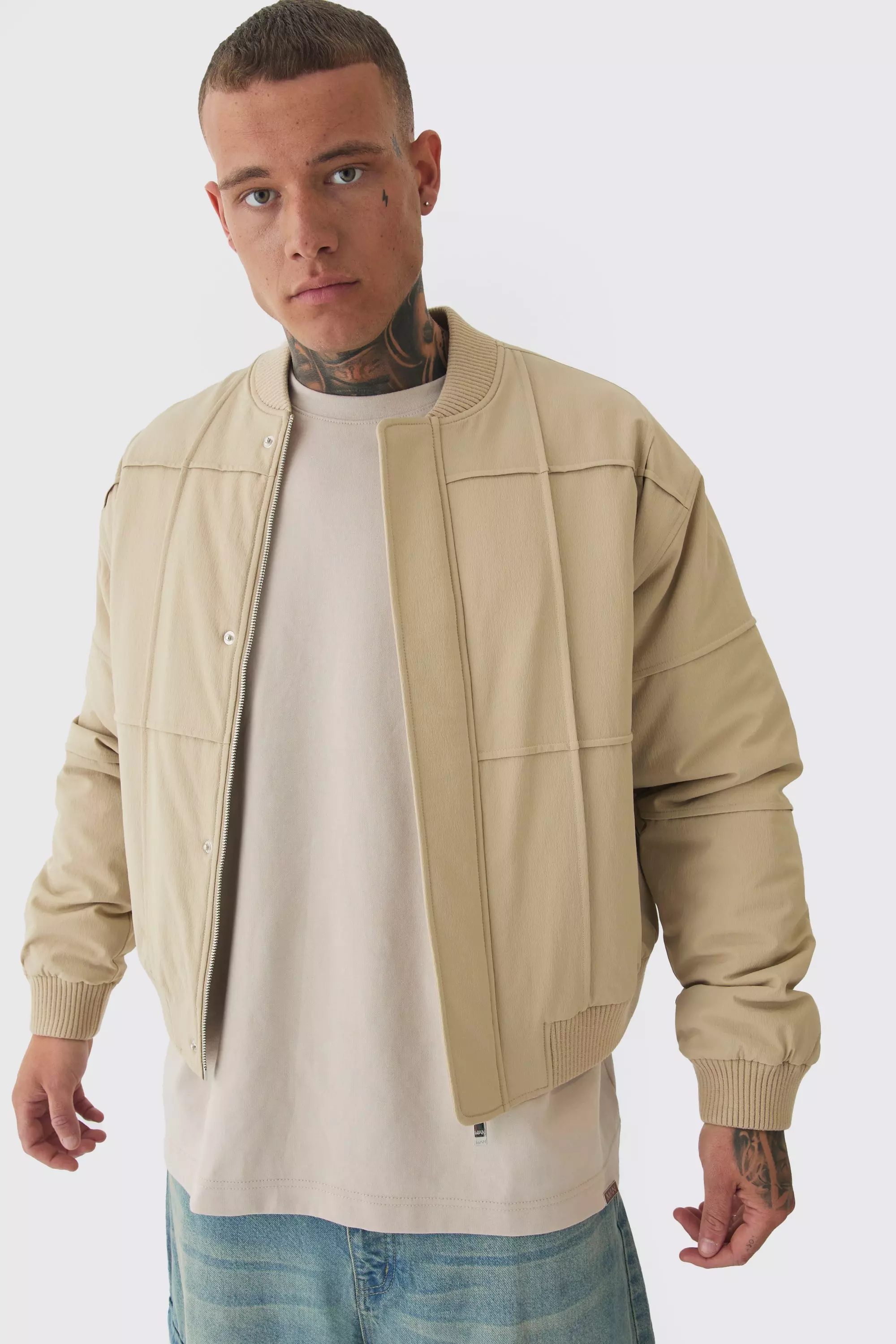Tall Boxy Panel Padded Nylon Bomber Jacket In Stone alternative image