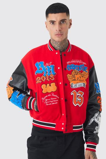 Red Tall Boxy Homme Badge PU Sleeve Varsity Jacket In Red