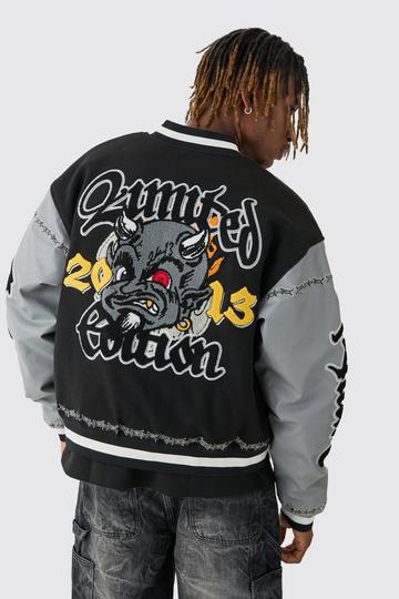 Tall Boxy Limited Badge PU Sleeve Varsity Jacket In Black black