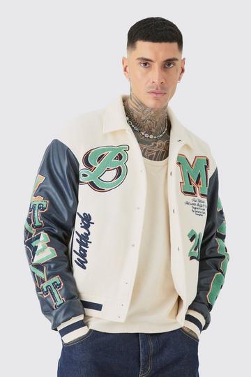 Tall Boxy BM Badge Collared Varsity Jacket In Ecru ecru