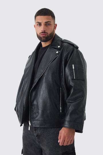 Plus Extreme Oversized Textured Pu Moto Jacket In Black black