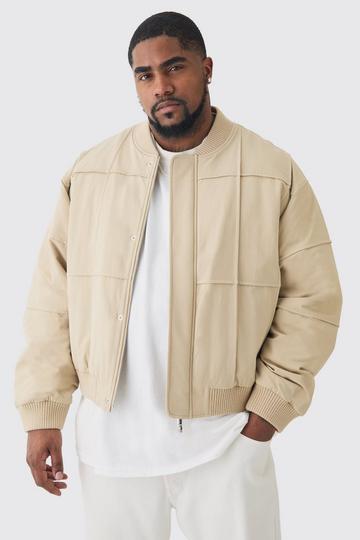 Beige Plus Boxy Panel Padded Nylon Bomber Jacket In Stone