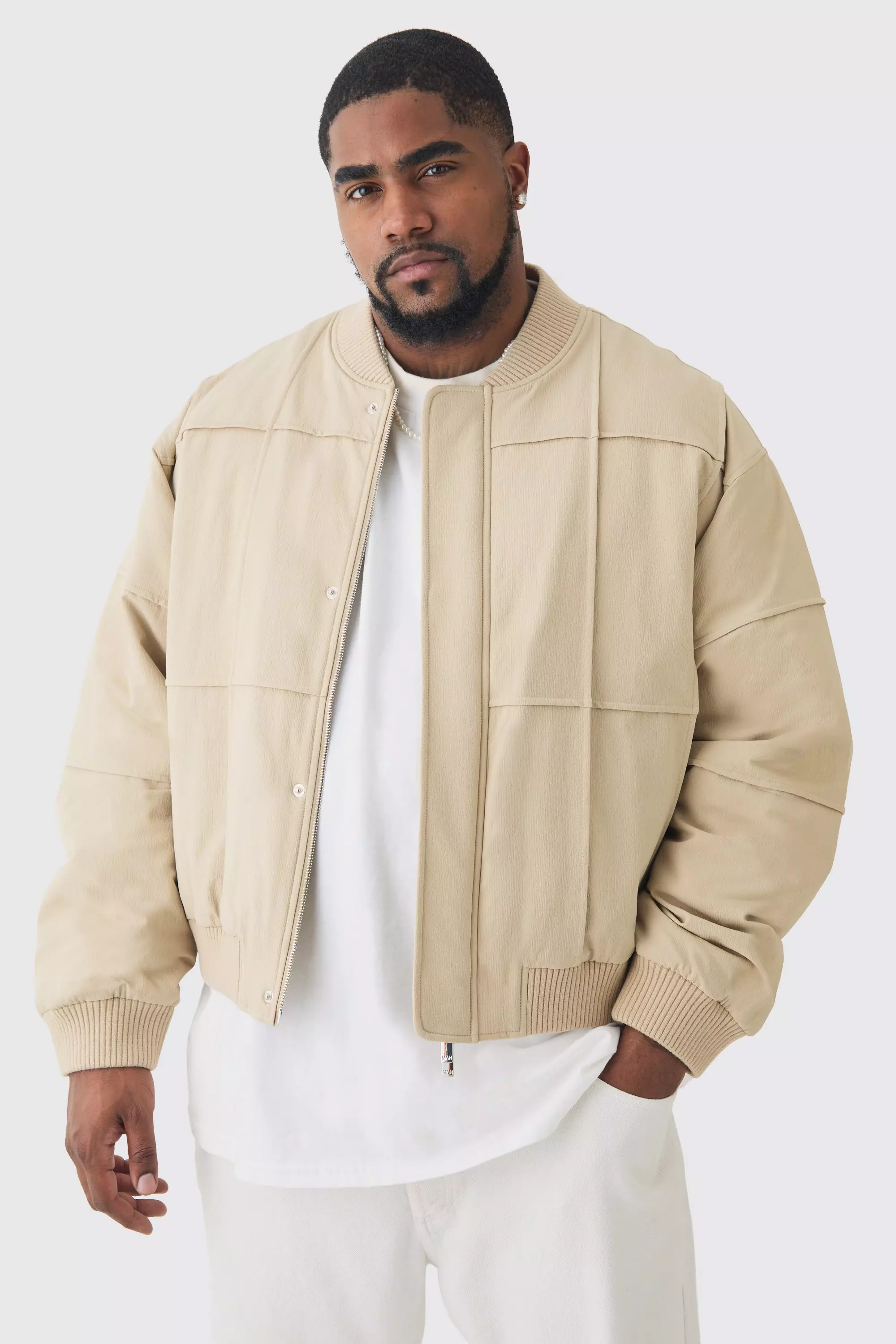 Plus Boxy Panel Padded Nylon Bomber Jacket In Stone alternative image
