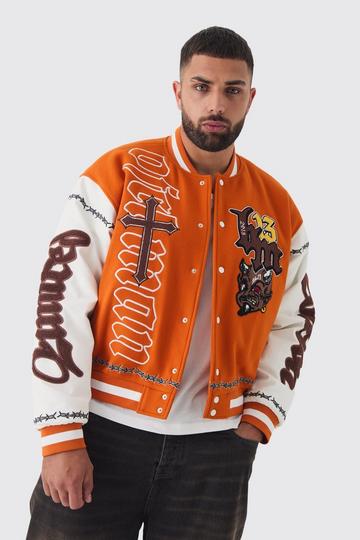 Orange Plus Boxy Limited Badge PU Sleeve Varsity Jacket In Orange