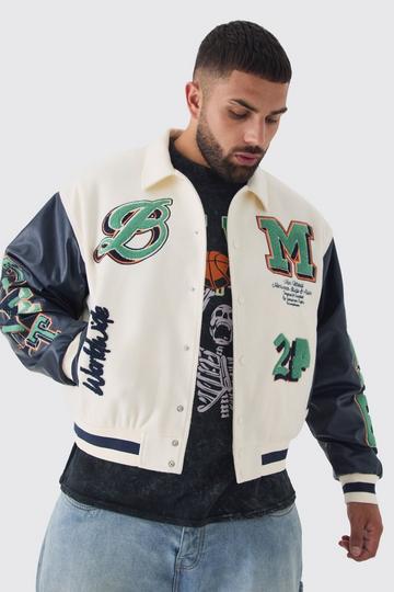 Plus Boxy BM Badge Collared Varsity Jacket In Ecru ecru