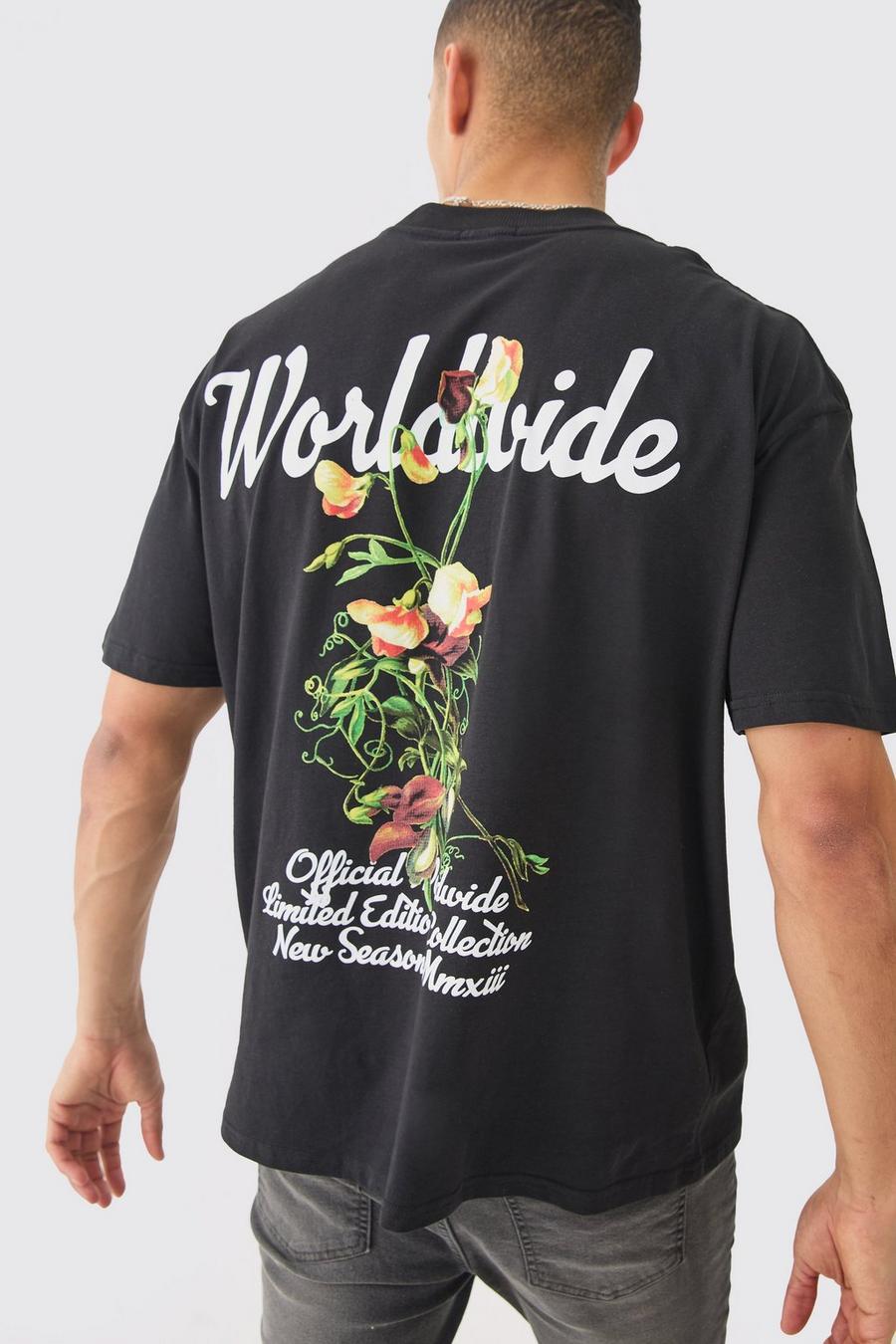 Camiseta oversize Worldwide con estampado de flores, Black image number 1