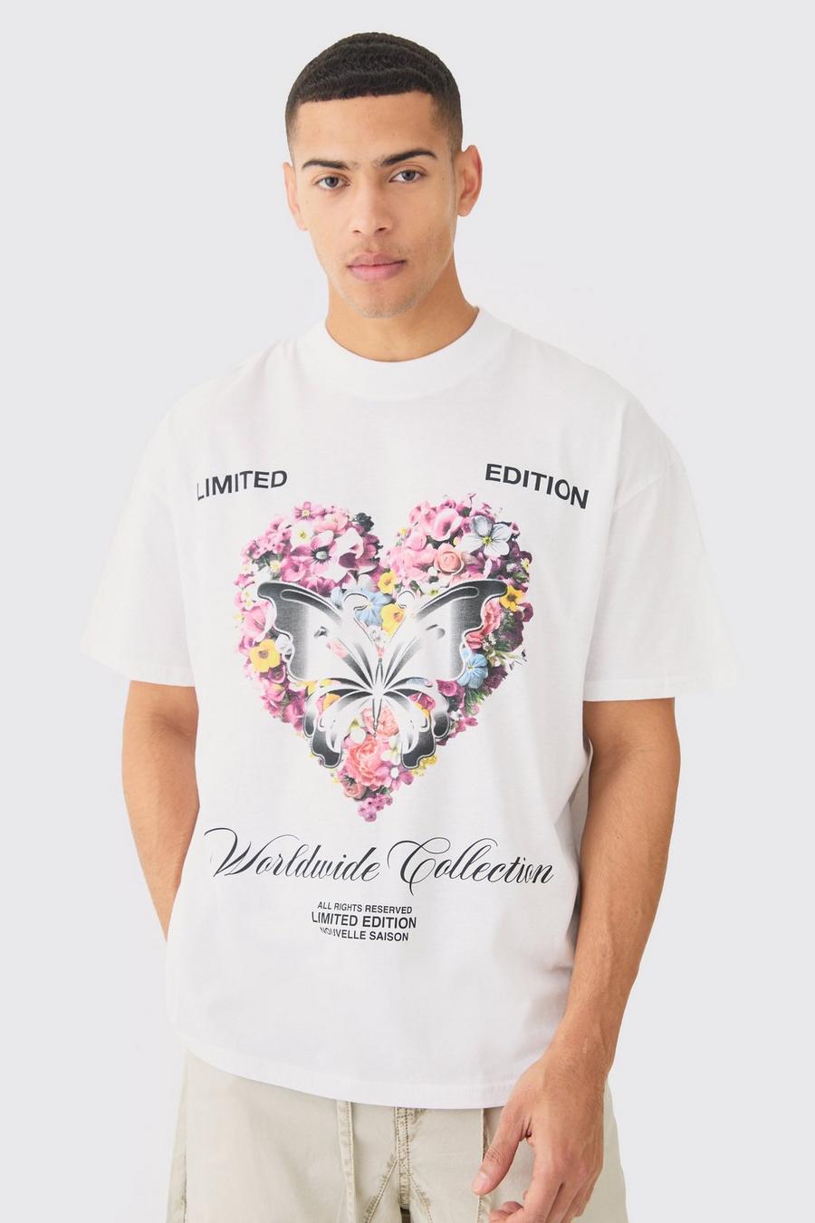 Camiseta oversize con estampado de flores y corazón, White image number 1