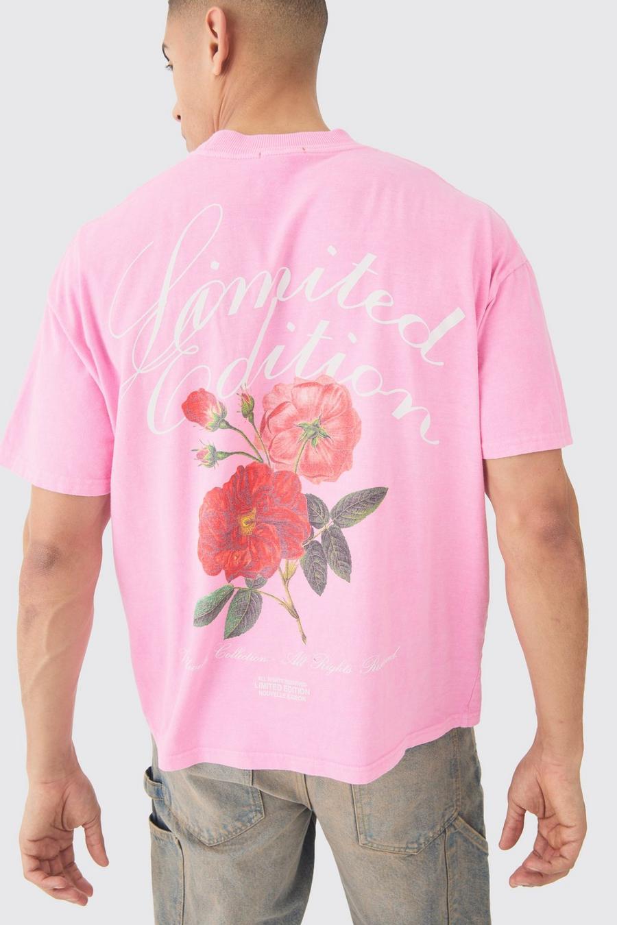 Camiseta oversize con estampado gráfico de flores desteñido, Light pink image number 1