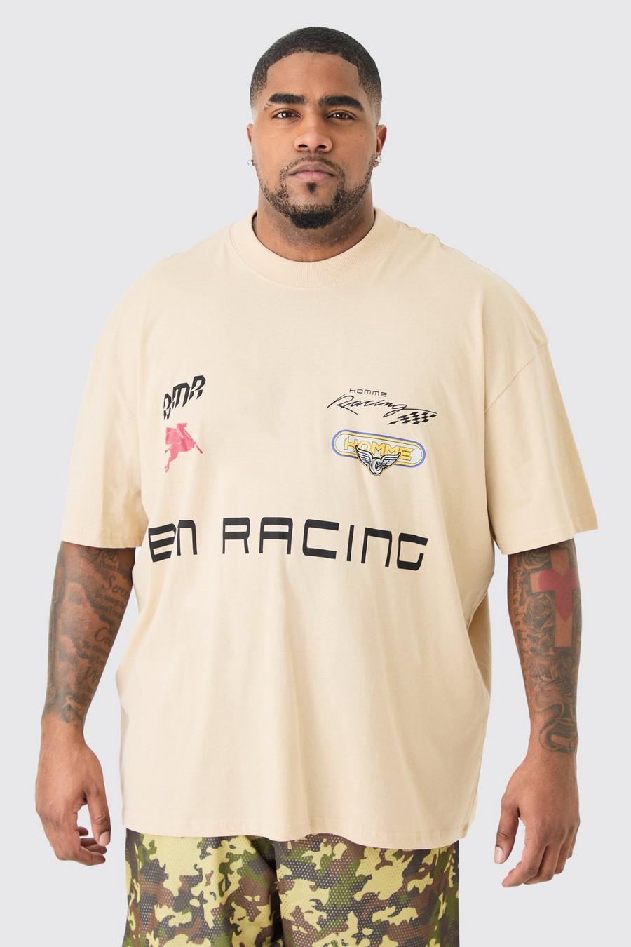 Plus Oversize T-Shirt mit Bm Moto Racing Print, Sand