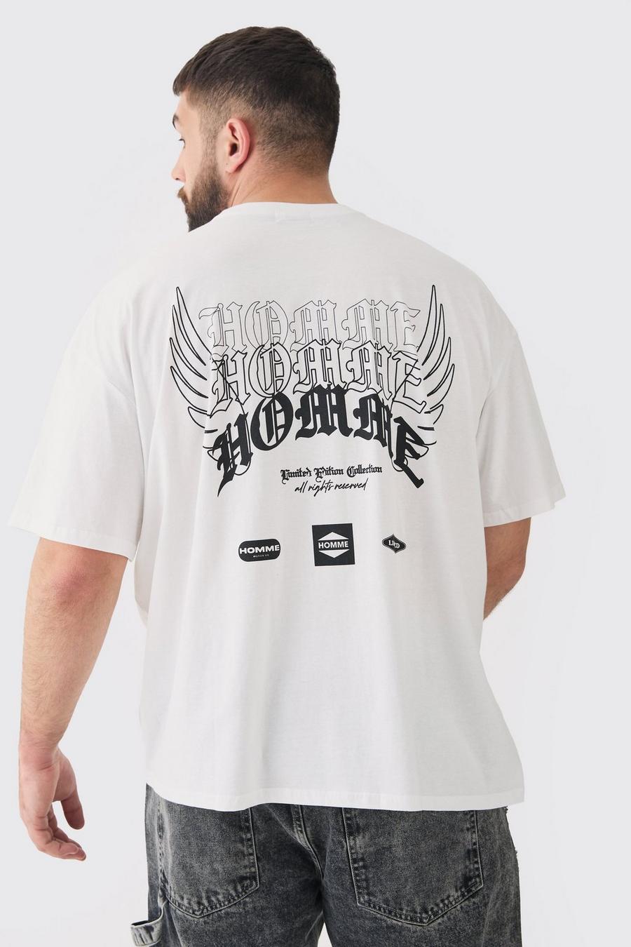 Camiseta Plus oversize sobreteñida blanca con estampado de motociclismo Homme, White image number 1