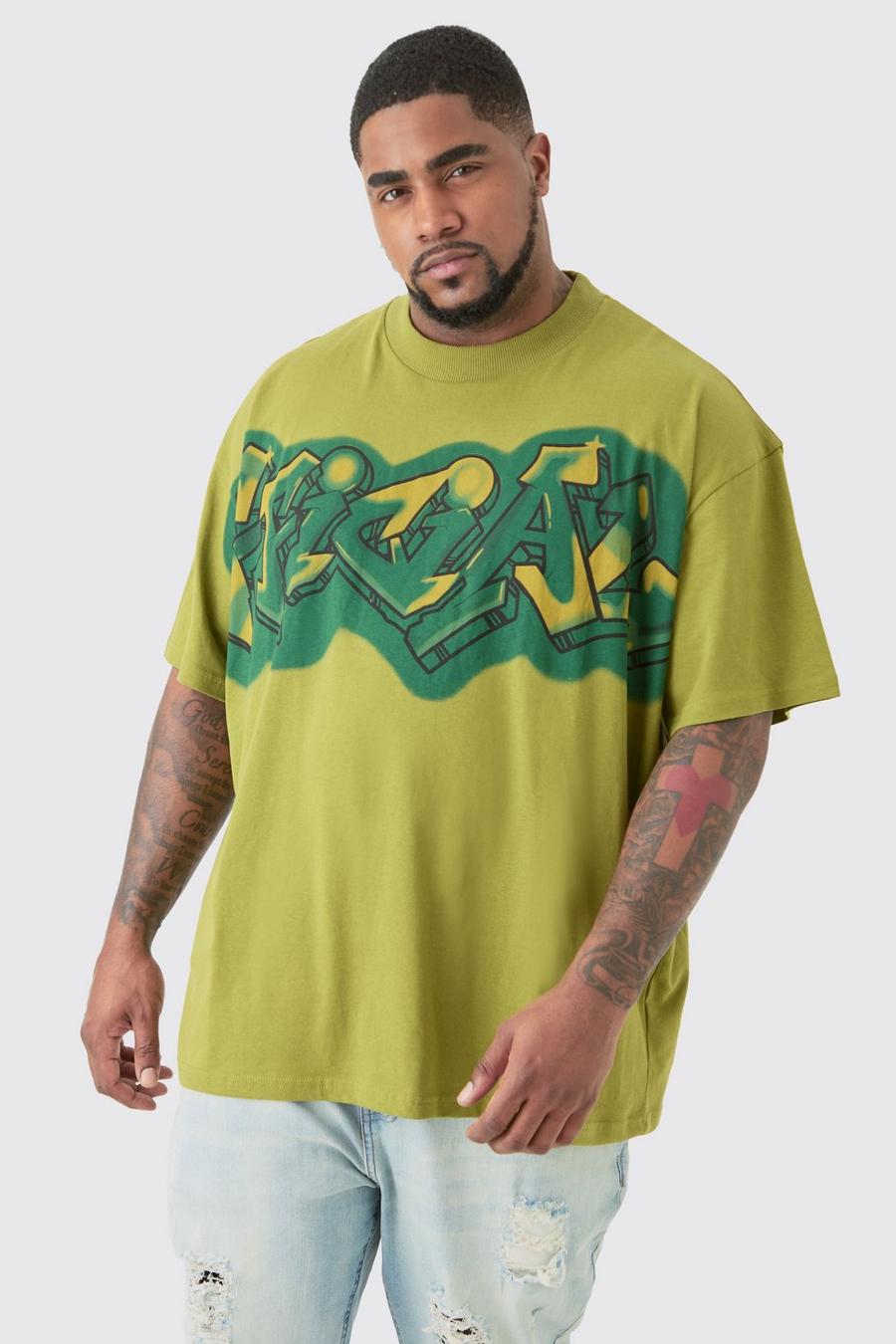T-shirt Plus Size oversize stile Graffiti con girocollo esteso, Khaki