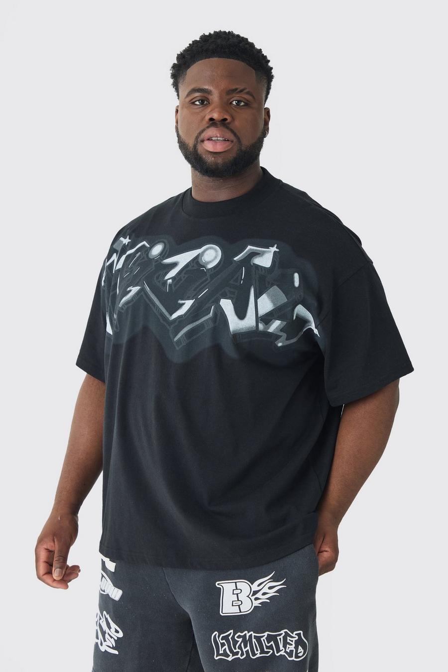 Black Plus Oversized Extended Neck Graffiti Spray T-shirt image number 1