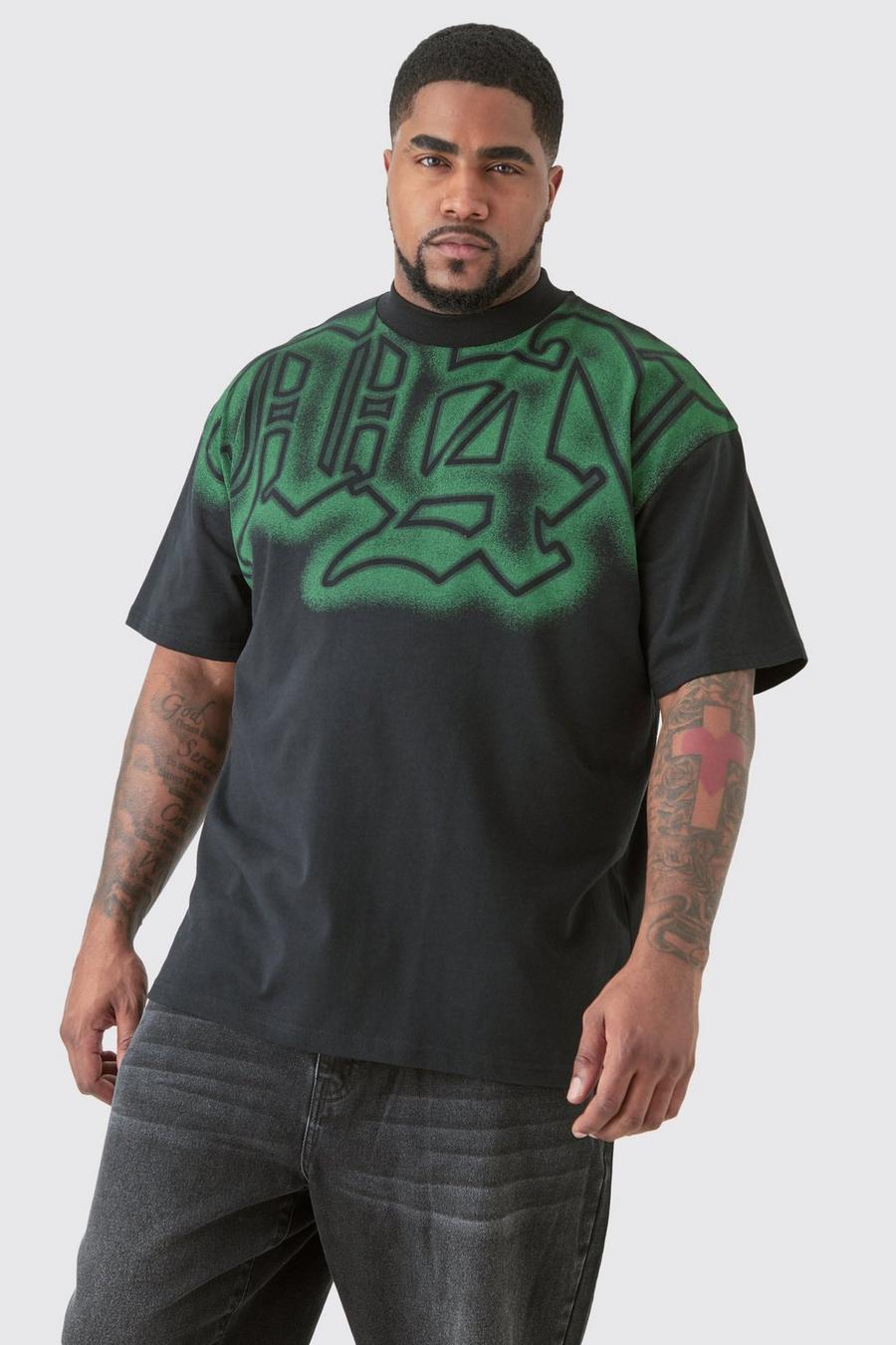 Black Plus Oversized Extended Neck Gothic Man Grafitti Spray T-shirt image number 1