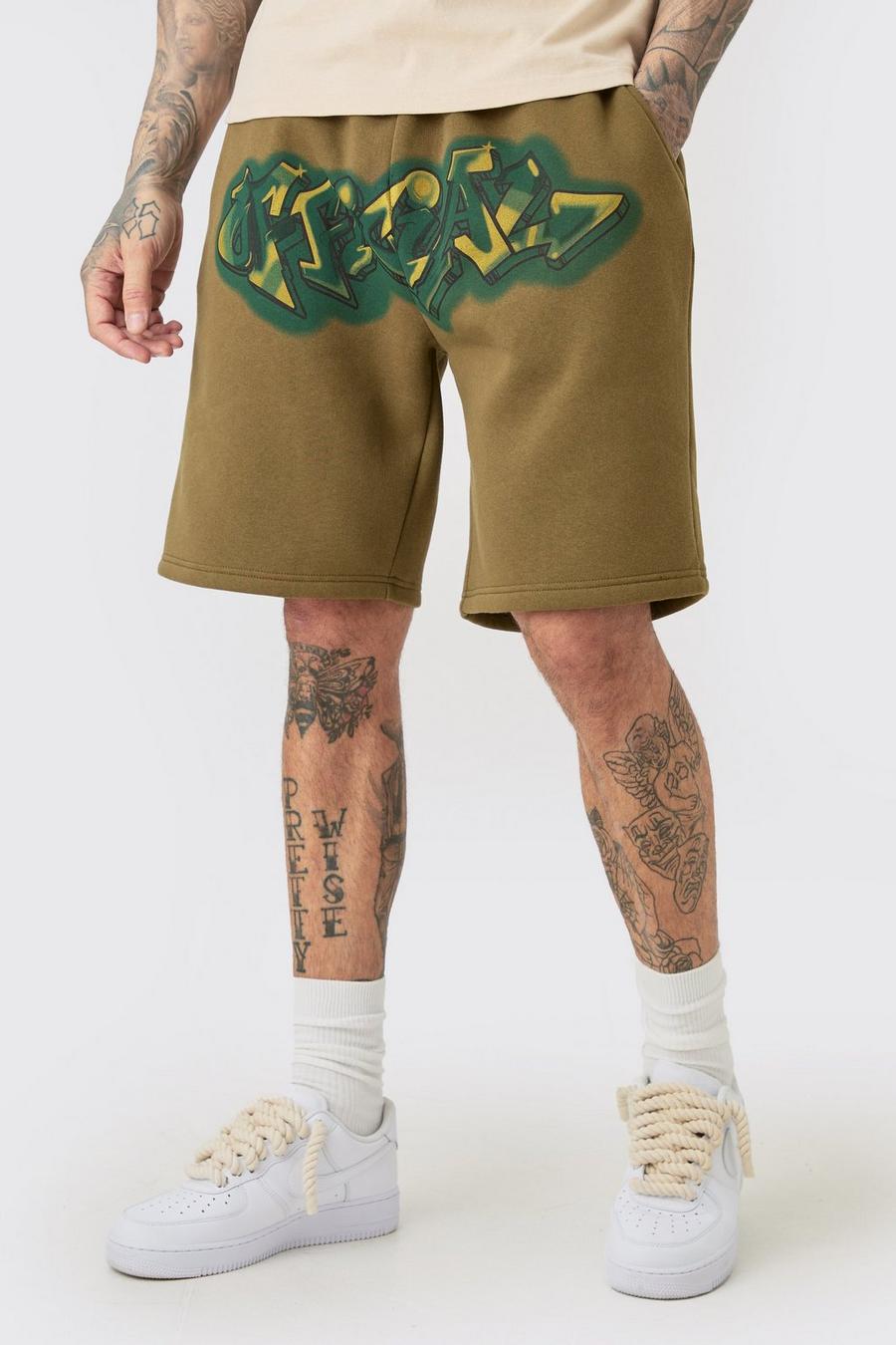Khaki Tall Relaxed Official Graffiti Spray Shorts image number 1