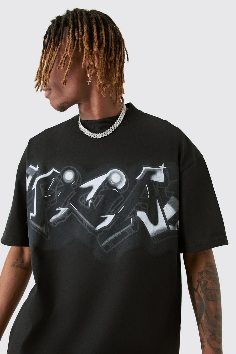 Tall - T-shirt oversize à col montant et imprimé graffiti, Black image number 1