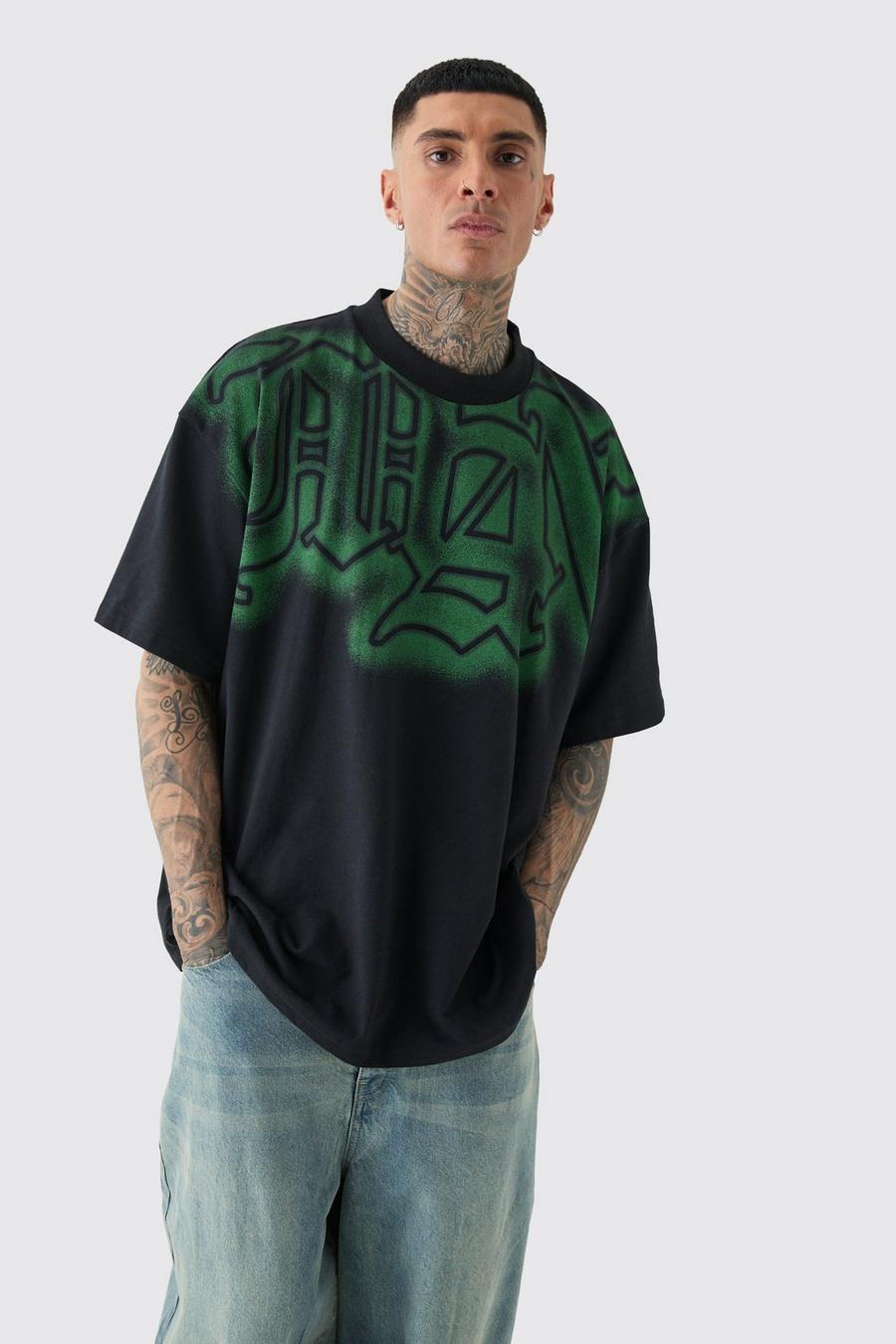 Black Tall Oversized Extended Neck Gothic Man Grafitti Spray T-shirt