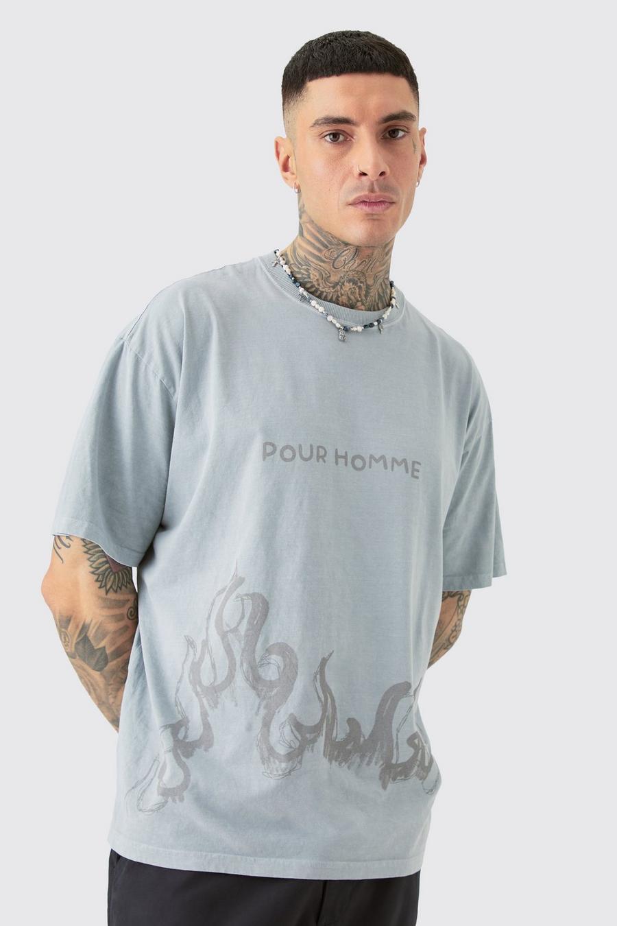 Tall Oversize T-Shirt mit Pour Homme Print, Grey image number 1