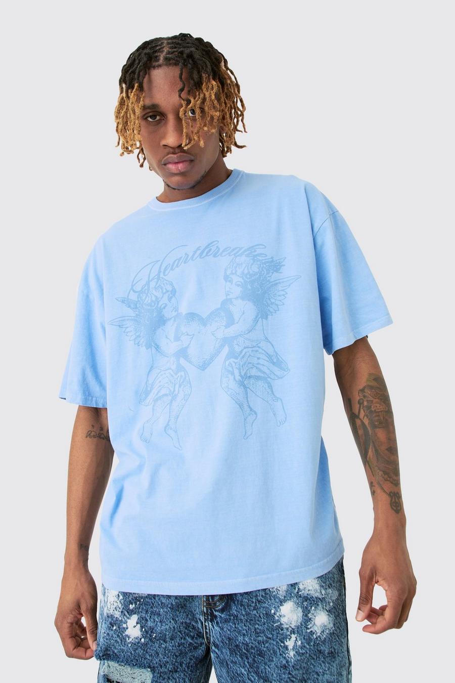 T-shirt Tall oversize azzurra con stampa di cuori spezzati, Light blue image number 1