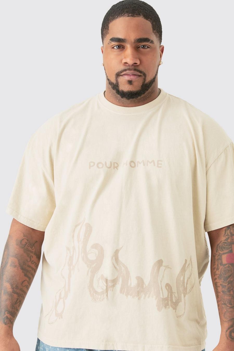 Plus Oversize T-Shirt mit Pour Homme Print, Stone image number 1